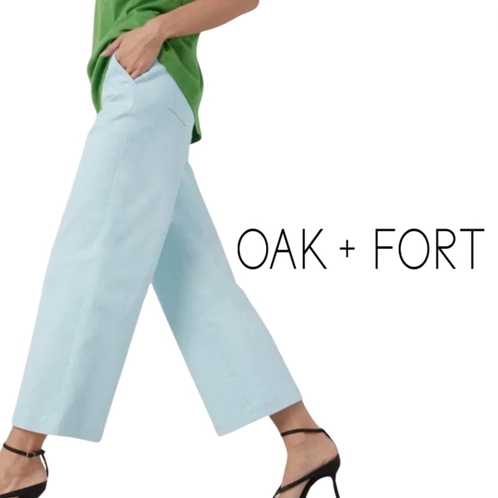OAK + FORT Cropped Twill Wide Leg Pant - Ballard Blue - Size Medium